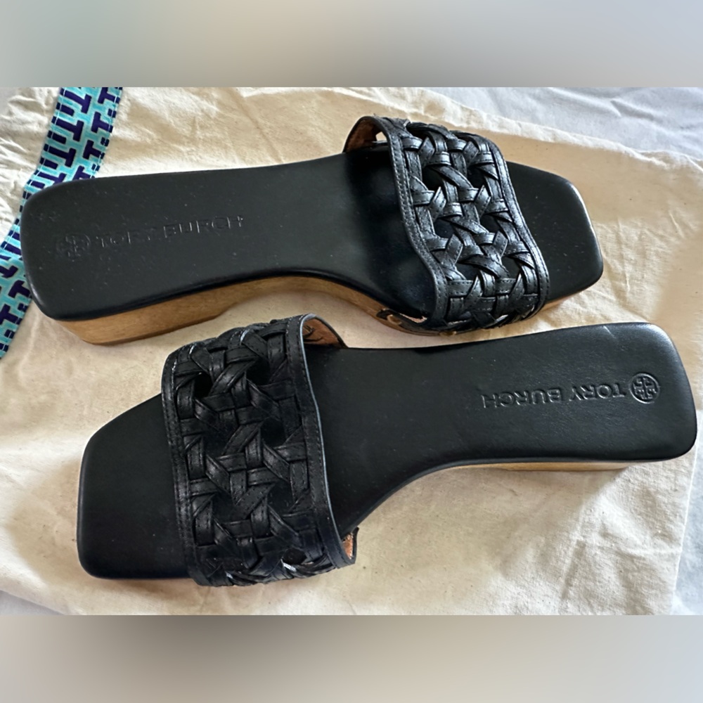 Tory Burch black and wood mules